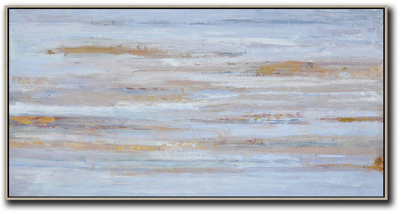 Panoramic Abstract Oil Painting On Canvas,Canvas Paintings For Sale,Dusty Blue,Yellow,Pink